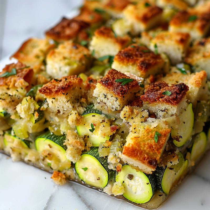 Close-up of a zucchini casserole with stuffing mix on a white marble surface.