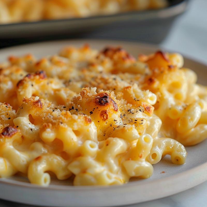 Close-up of a creamy portion of baked mac and cheese on a light grey ceramic plate.