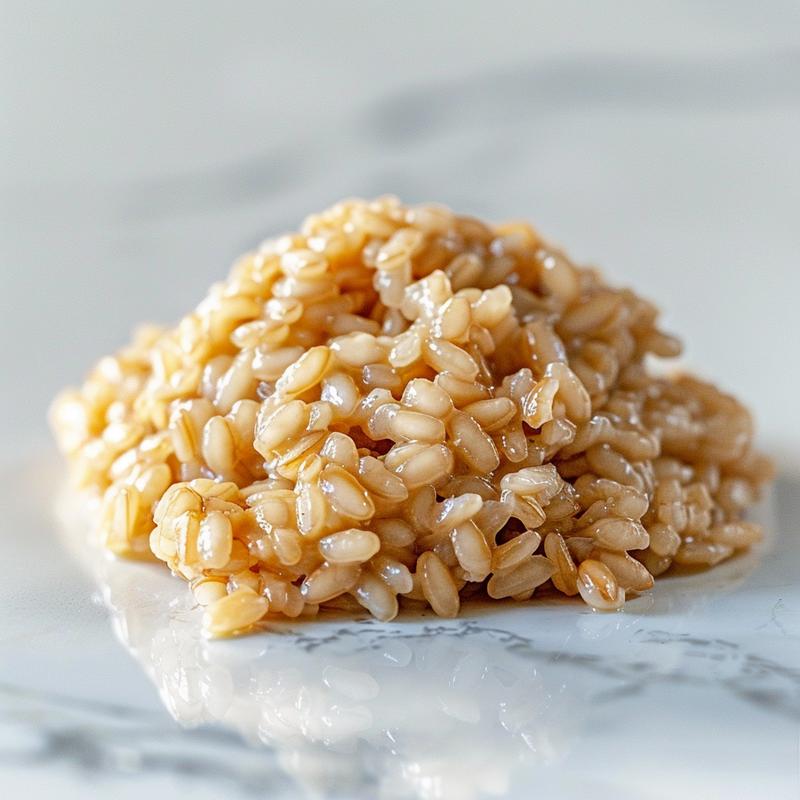 A close-up of creamy brown rice risotto with a smooth texture, arranged on a white marble surface.