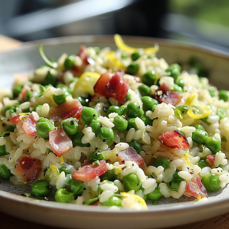 A close-up of creamy oven baked pea pancetta and lemon risotto on a light grey ceramic plate.
