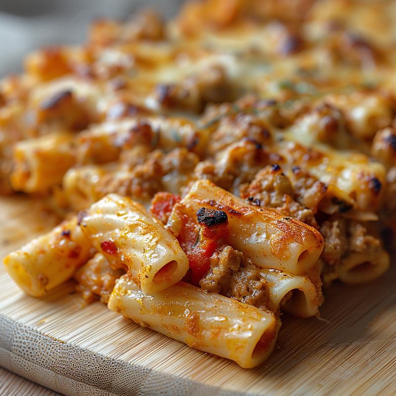 An extreme close-up of a portion of baked ziti on a wooden board, showcasing its cheesy, saucy texture.