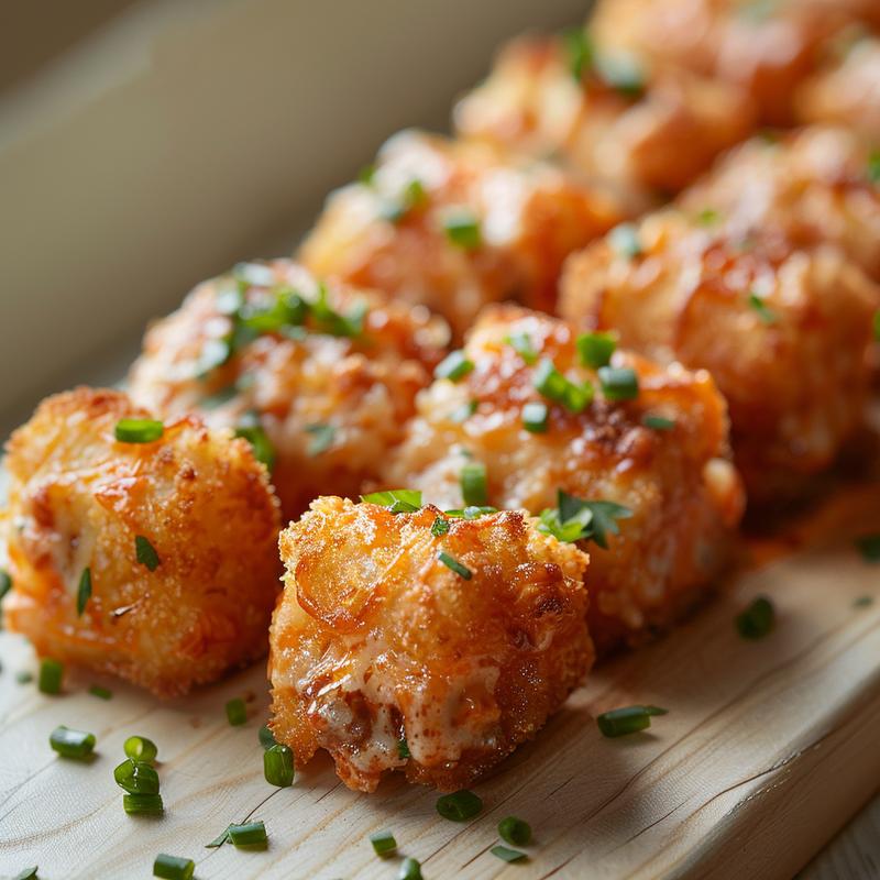 Close-up of a serving of tater tot casserole on a wooden board, showcasing crispy tater tots and melted cheese.