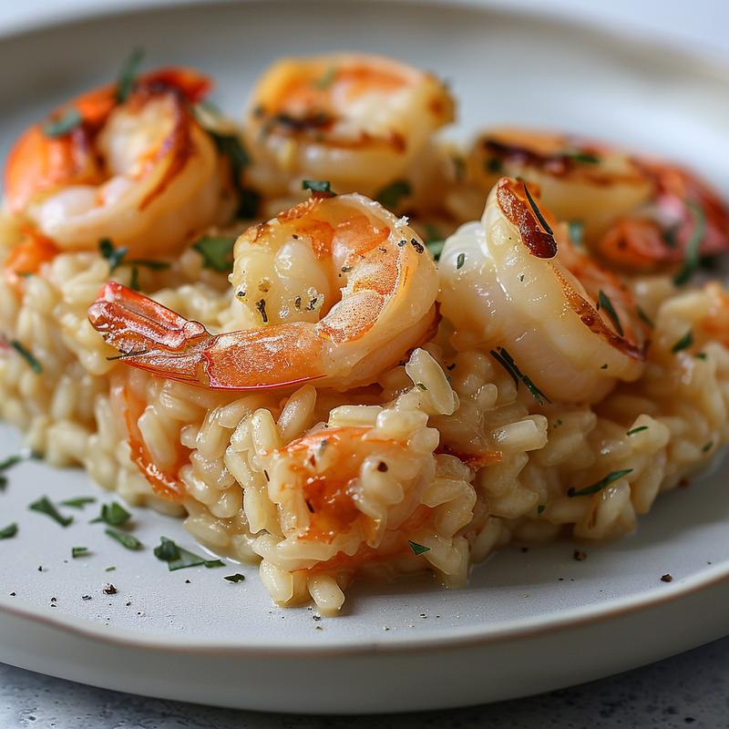 A close-up view of a portion of baked shrimp risotto on a light grey ceramic plate, showcasing the rich texture and color of the dish.