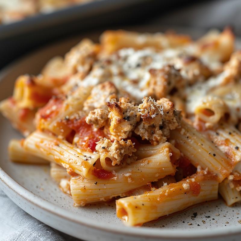 A close-up view of a serving of baked ziti topped with ricotta cheese on a light grey ceramic plate.
