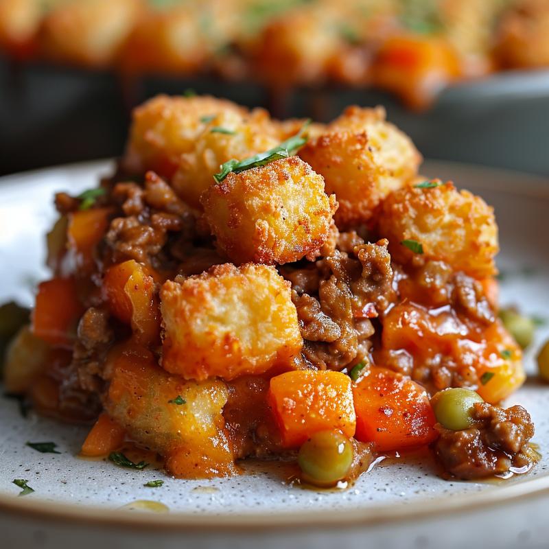 Close-up of a meatless tater tot casserole on a light grey plate, showcasing golden tater tots and vibrant vegetable toppings.