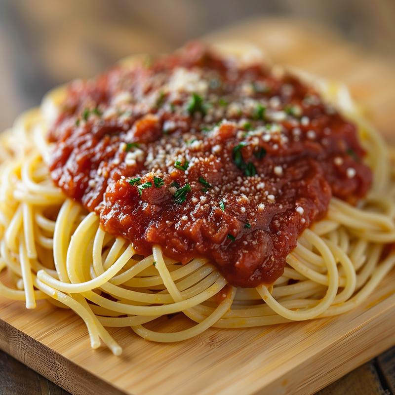 Close-up of a vibrant spaghetti sauce on a wooden board.