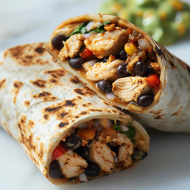 Close-up of a chicken and black bean burrito on a white marble surface.