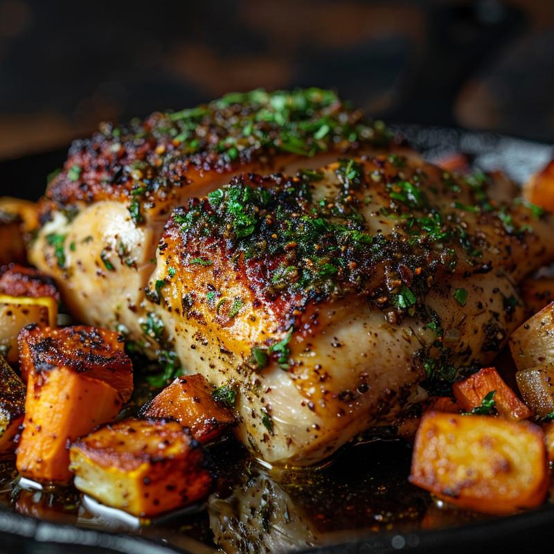 Close-up of a serving of herb roasted chicken with vibrant vegetables on a rustic cast iron surface.