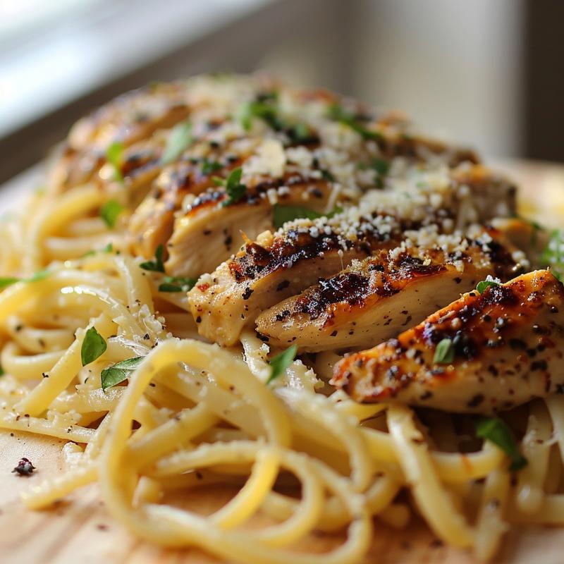 Close-up of garlic parmesan chicken pasta on a light wood board.