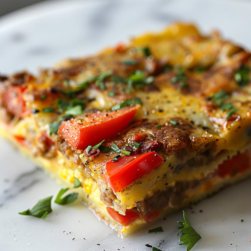 Extreme close-up of a portion of 17 savory casseroles arranged on a white marble surface.