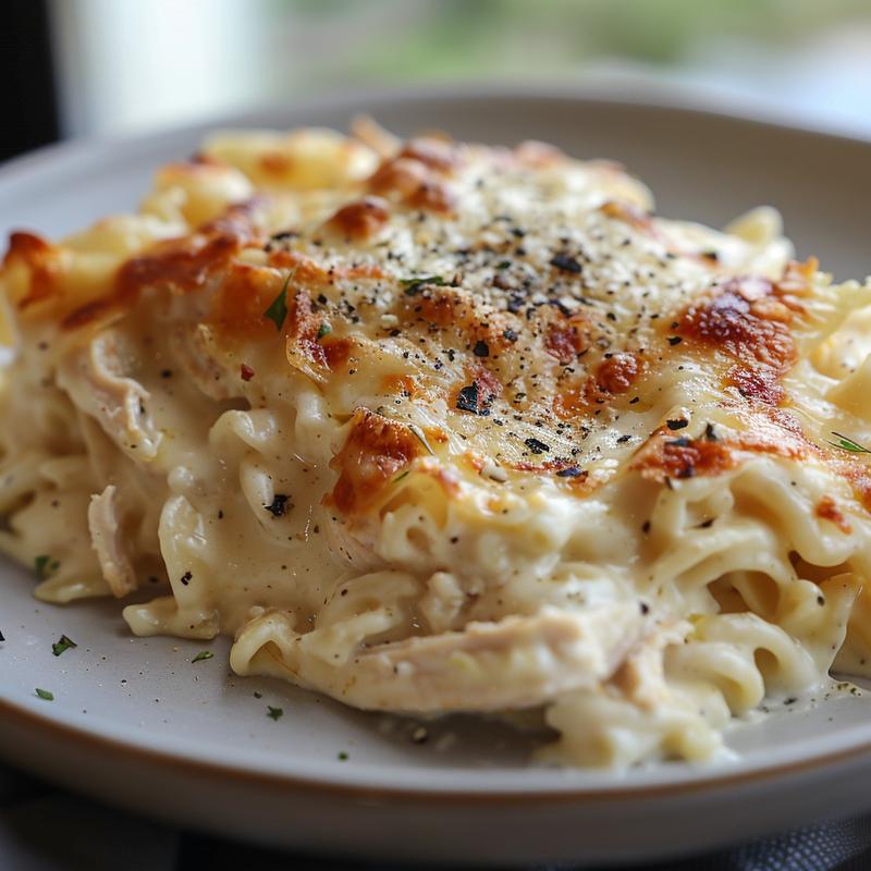 Close-up of a creamy chicken alfredo casserole on a light grey plate.