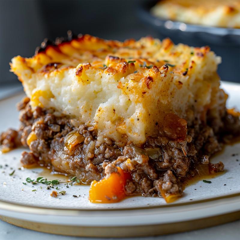 Close-up of a perfectly sliced shepherd's pie on a white marble plate.