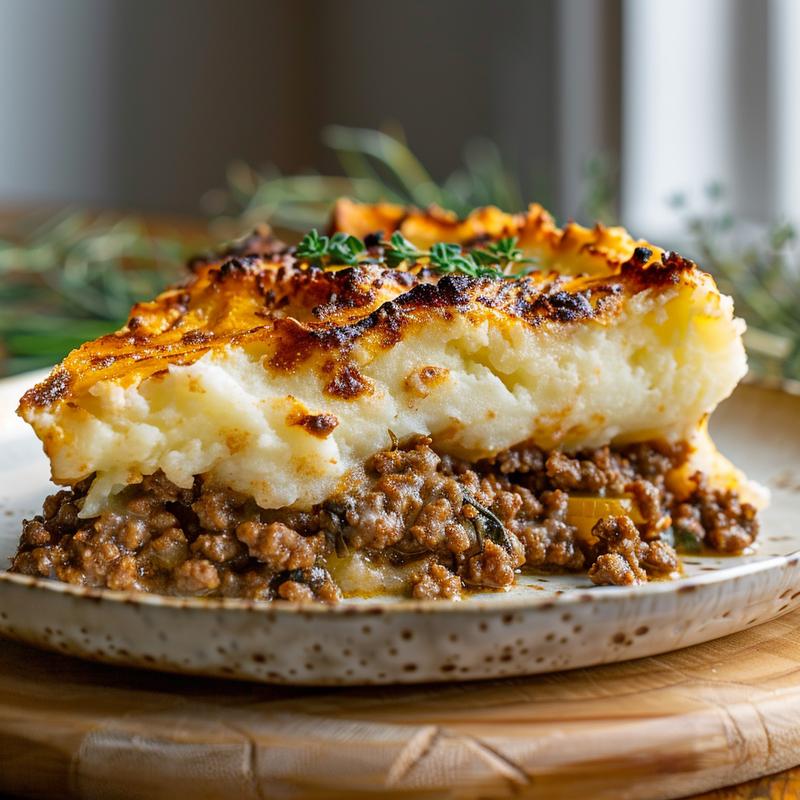 Close-up of a perfectly sliced shepherd's pie with ground turkey, served on a wooden board.