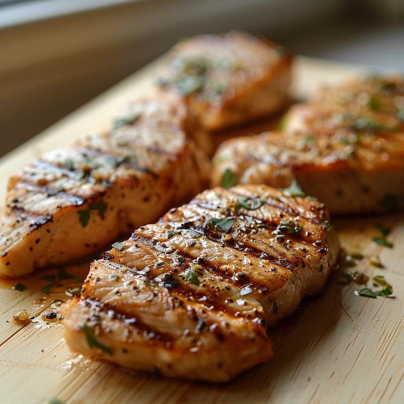 Close-up of a vibrant high protein meal prep portion on a light wood board.