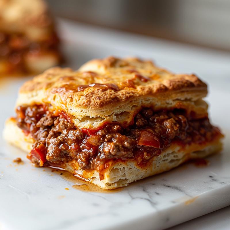 Close-up view of a portion of sloppy joe biscuit casserole on a white marble surface.