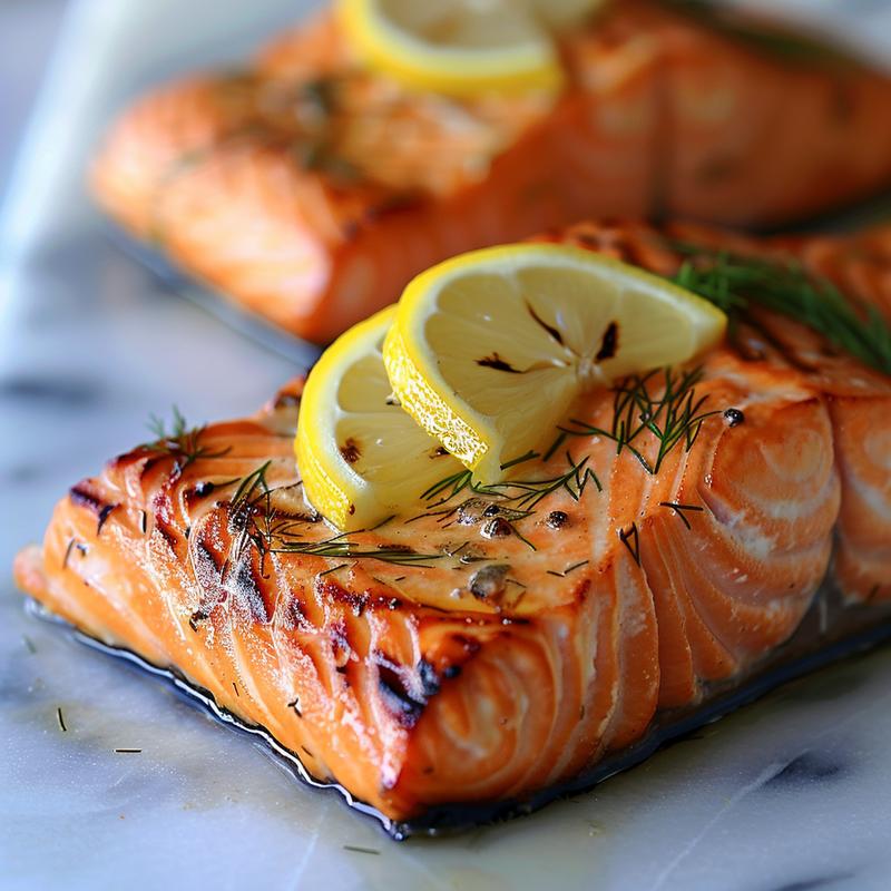 Close-up of grilled salmon garnished with lemon slices and fresh dill on a white marble surface.