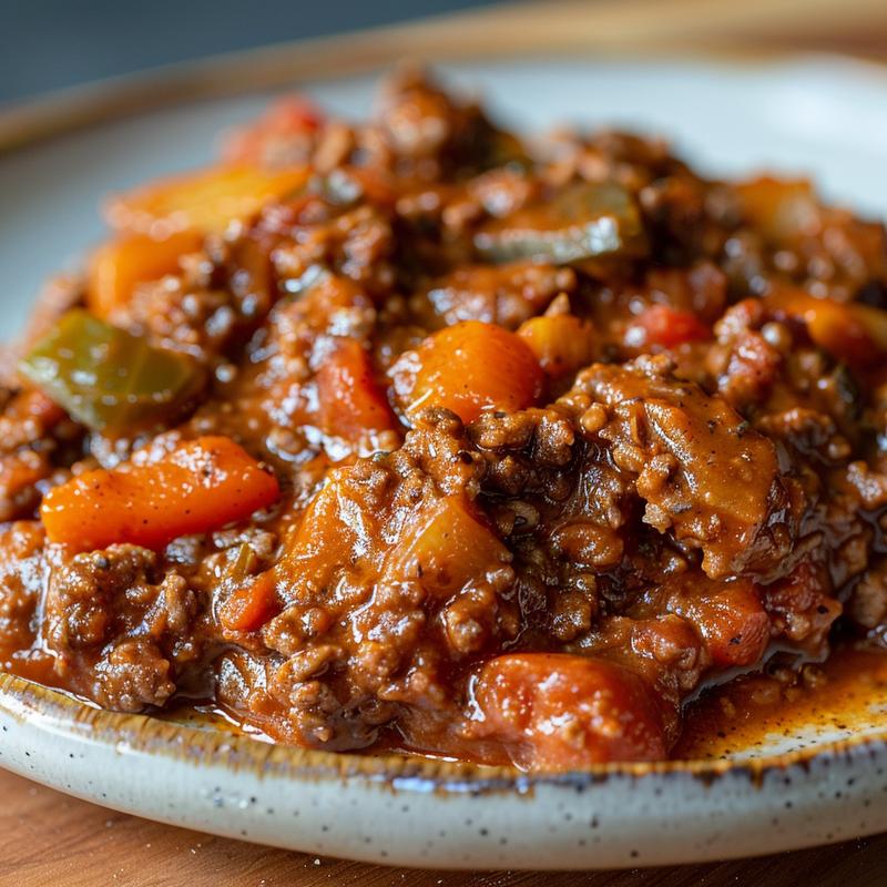 Close-up of a scoop of crockpot sloppy joe casserole on a grey plate.