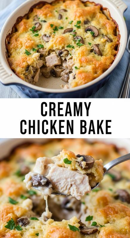 Creamy chicken bake in a ceramic dish with a golden crust.