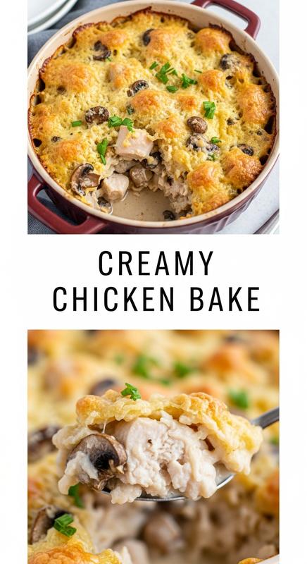 Creamy chicken bake in a rustic baking dish.