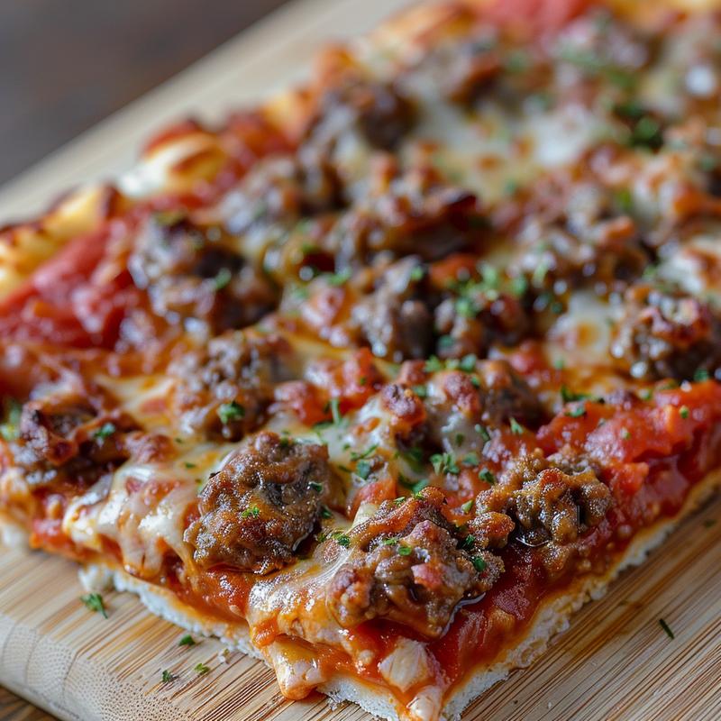 Close-up of pizza casserole with visible beef, sauce, and seasoning on a light wood board.