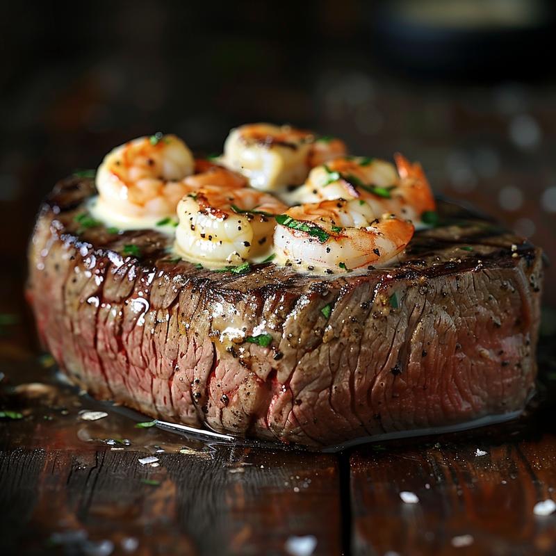 Steak topped with creamy garlic shrimp on a dark wood surface.