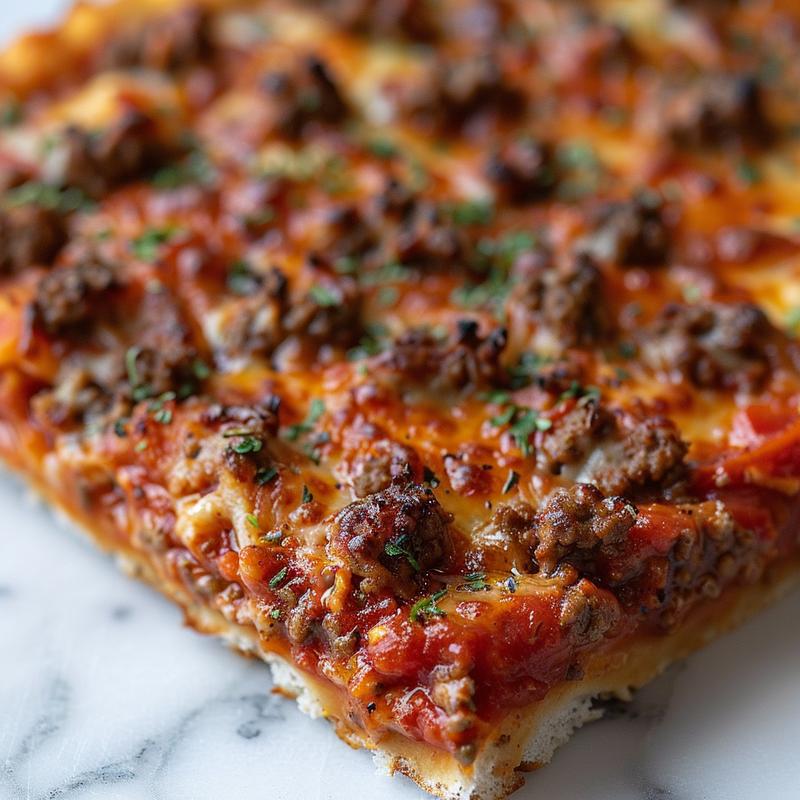 Close-up of pizza casserole showing ground beef, sauce, and Italian seasoning.