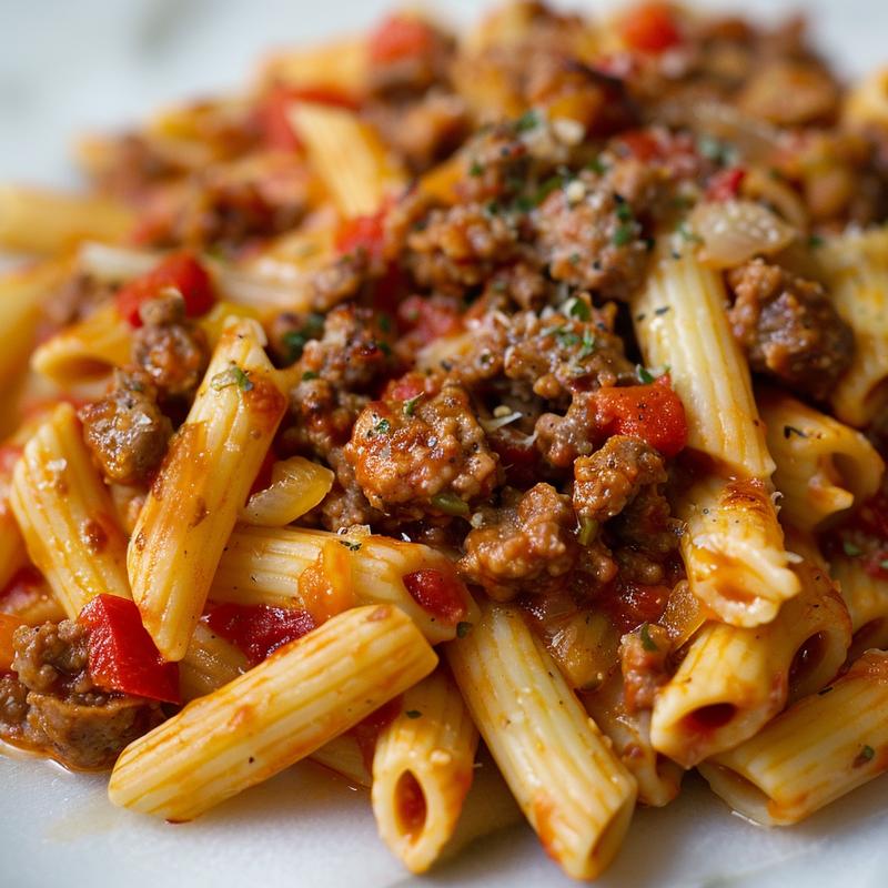 Close-up of pizza pasta casserole showcasing pasta, sauce, and meat.