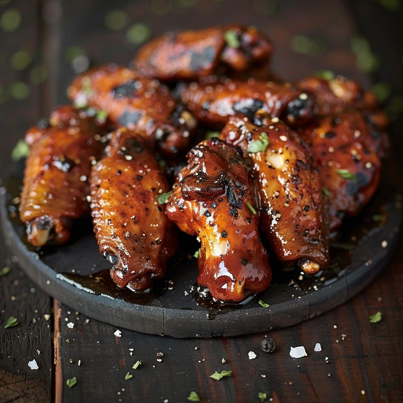 Close-up of BBQ wings on a dark wooden table.