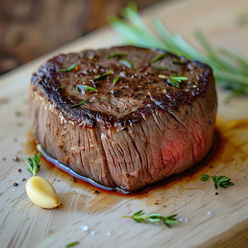 Close-up of a perfectly cooked filet mignon steak on a wooden board.