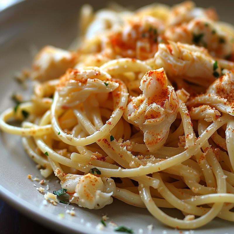 Close-up of creamy Cajun crab pasta on a light grey plate.