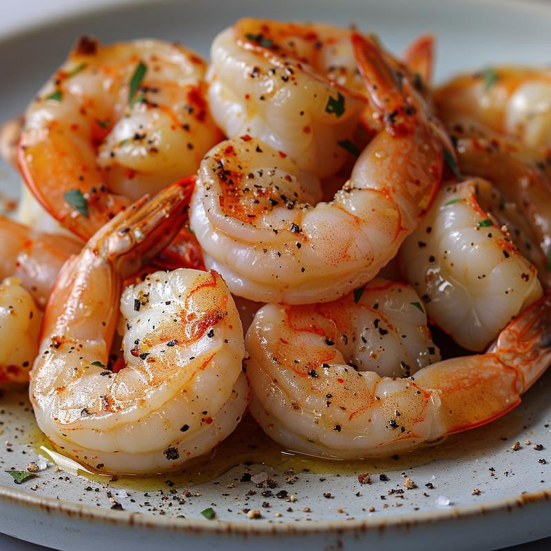 Close-up of creamy garlic shrimp on a light gray plate.