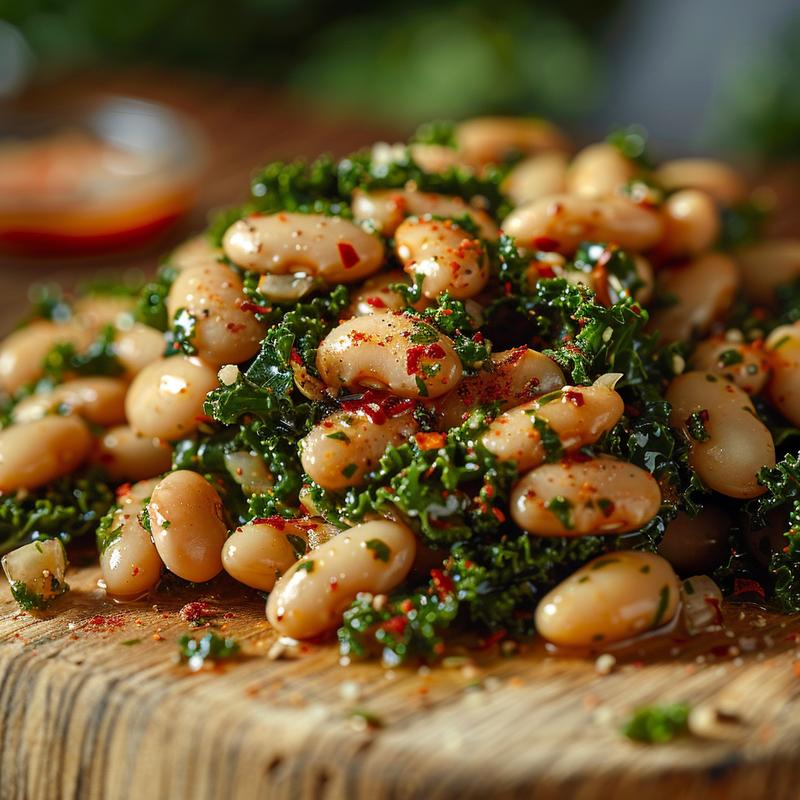 Close-up of kale and white bean salad on wood.