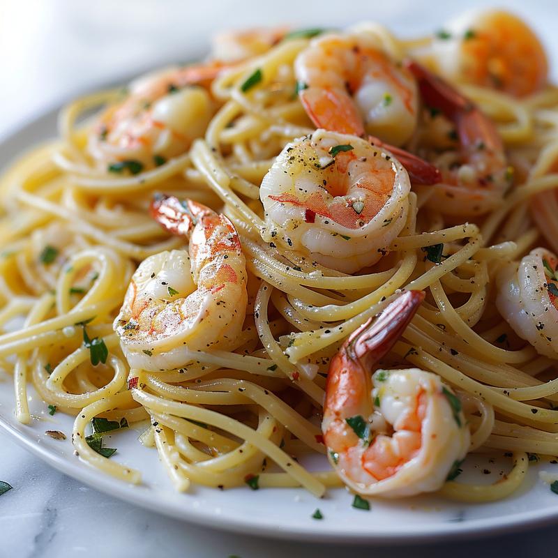 Close-up of shrimp scampi linguine.