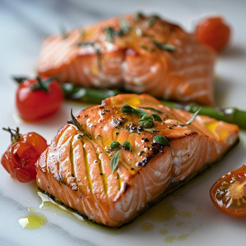 Close-up of salmon fillets with asparagus and tomatoes on marble.