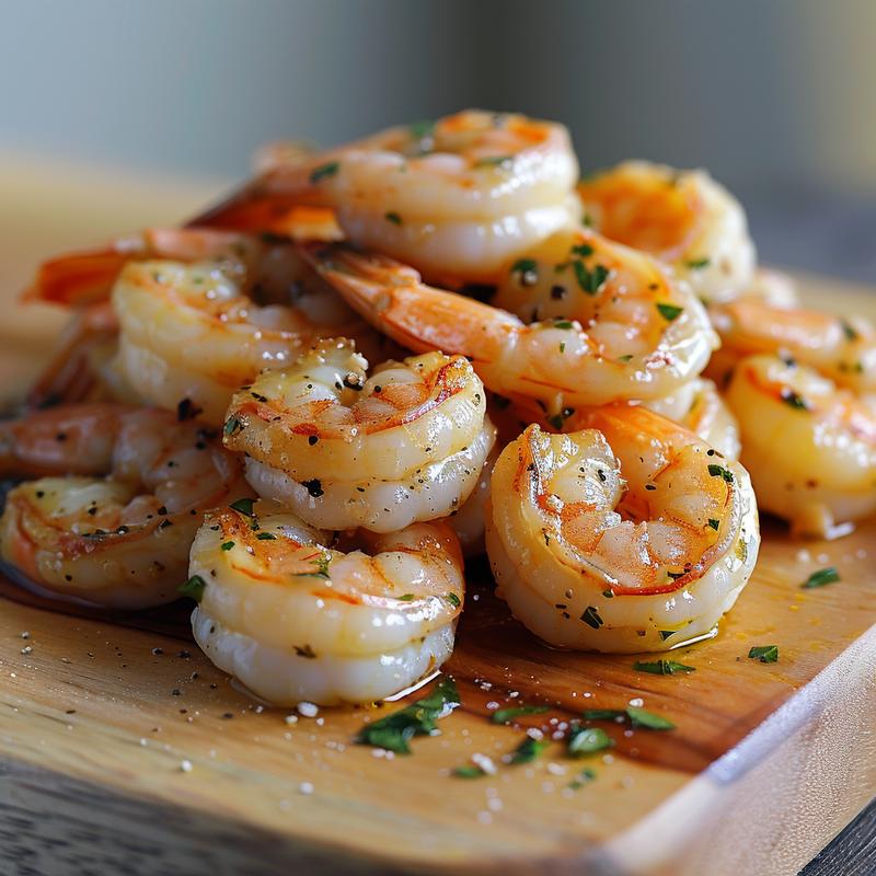 Close-up of shrimp scampi on a light wood board.