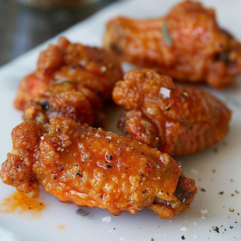 Close-up of crispy baked buffalo wings on white marble.