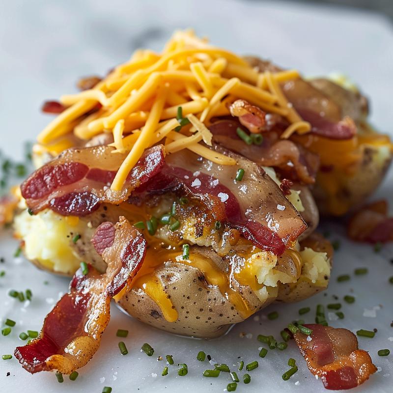 Close-up of loaded smashed potatoes with bacon and cheese.