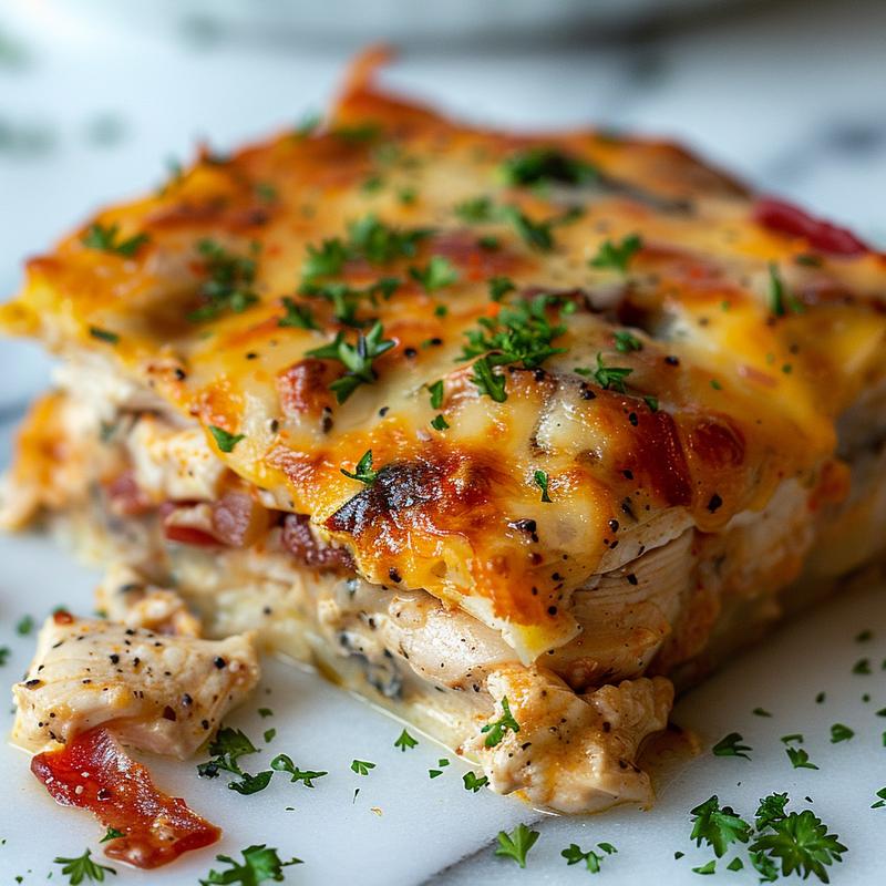 Close-up view of a slice of skinny chicken broccoli casserole on a white marble surface.