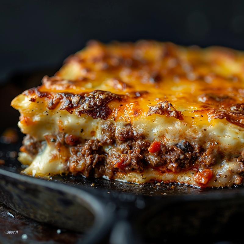 Close-up of a portion of ground beef dish with rich texture on a cast iron surface.