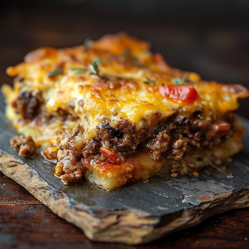 Close-up of a golden-brown ground beef and potatoes casserole on a rustic slate plate.