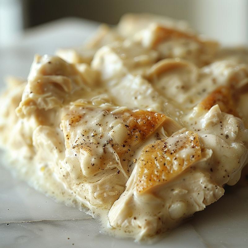 Close-up of creamy, shredded crockpot ranch chicken on white marble.