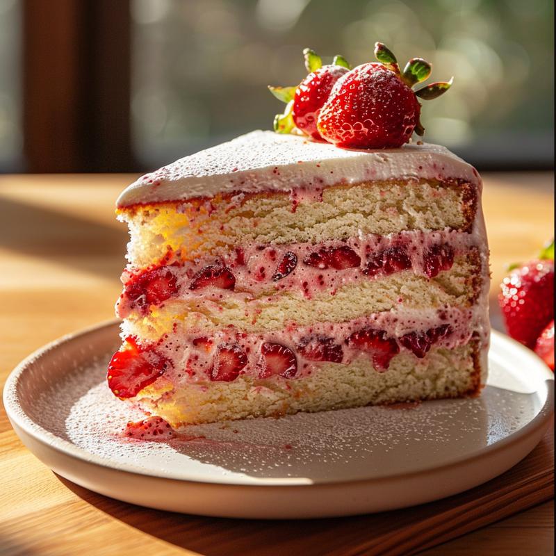Close-up of a vibrant strawberry cake slice on a plate.