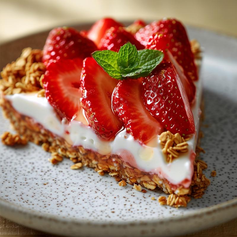 Close-up of strawberry shortcake slice with visible layers of strawberries, yogurt, and granola.