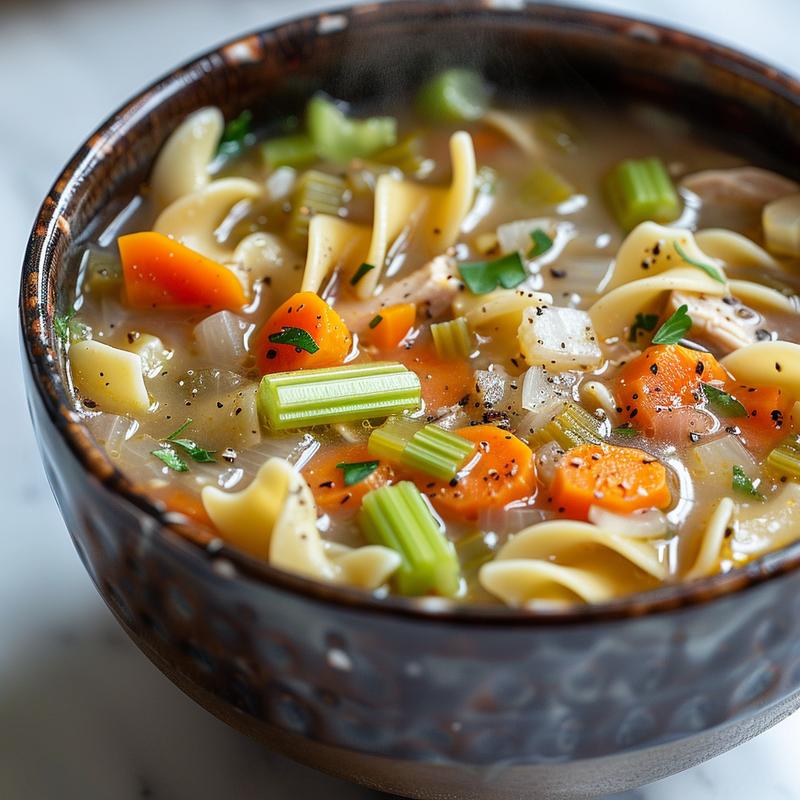 Steaming bowl of chicken noodle soup casserole with visible vegetables.