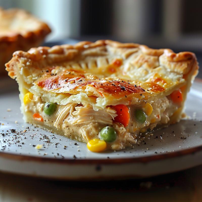 Close-up of a slice of chicken pot pie showing chicken, vegetables, and creamy sauce on a grey plate.