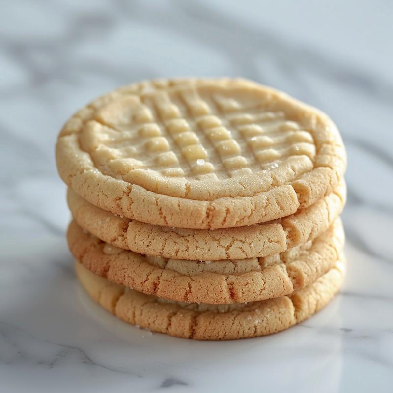 Stack of three sugar cookies on white marble.