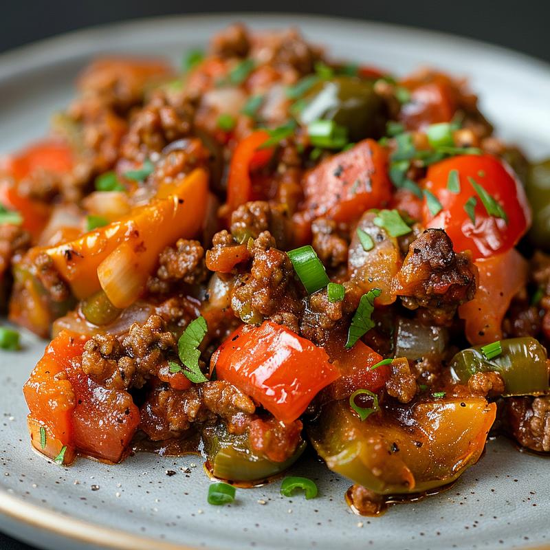 Close-up of stuffed pepper casserole with visible beef, peppers, and tomatoes.