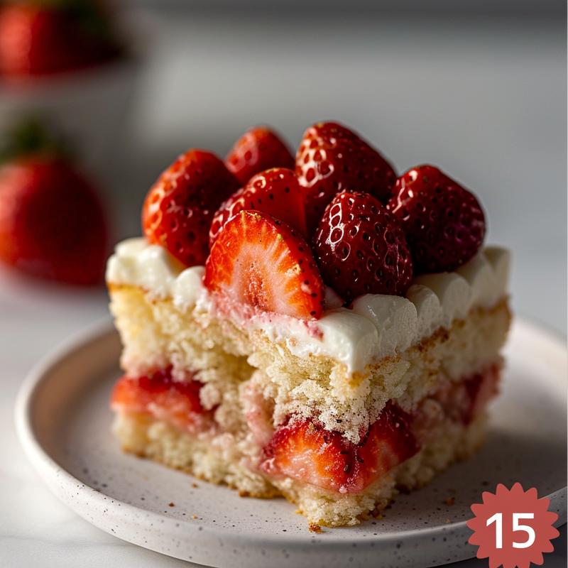 Close-up of a strawberry shortcake cupcake slice on a white plate.