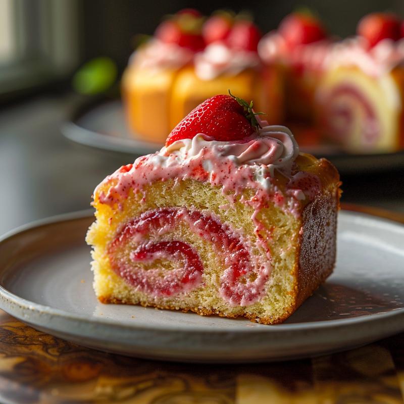 Close-up of strawberry honeybun cake slice with pink icing on a gray plate.