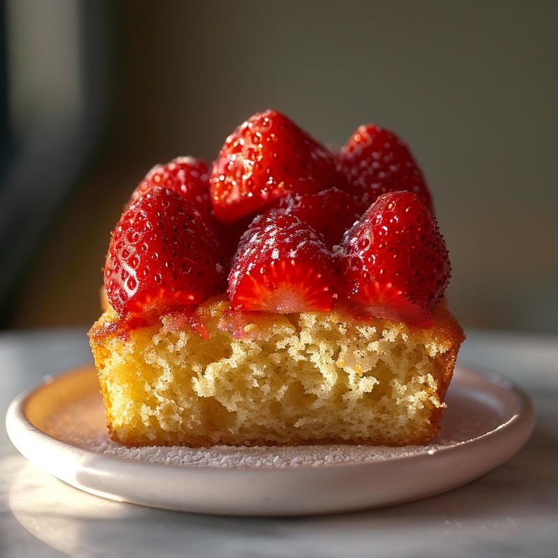 Close-up of a sliced strawberry cupcake on a white marble surface.